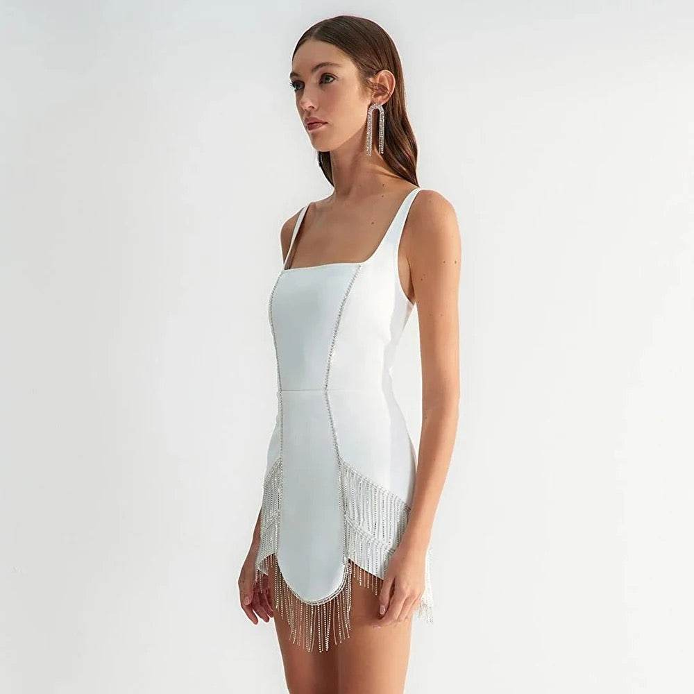 Square Neck Sleeveless Tassel Tight Mini Tight Bandage Dress - REBECATHELABEL