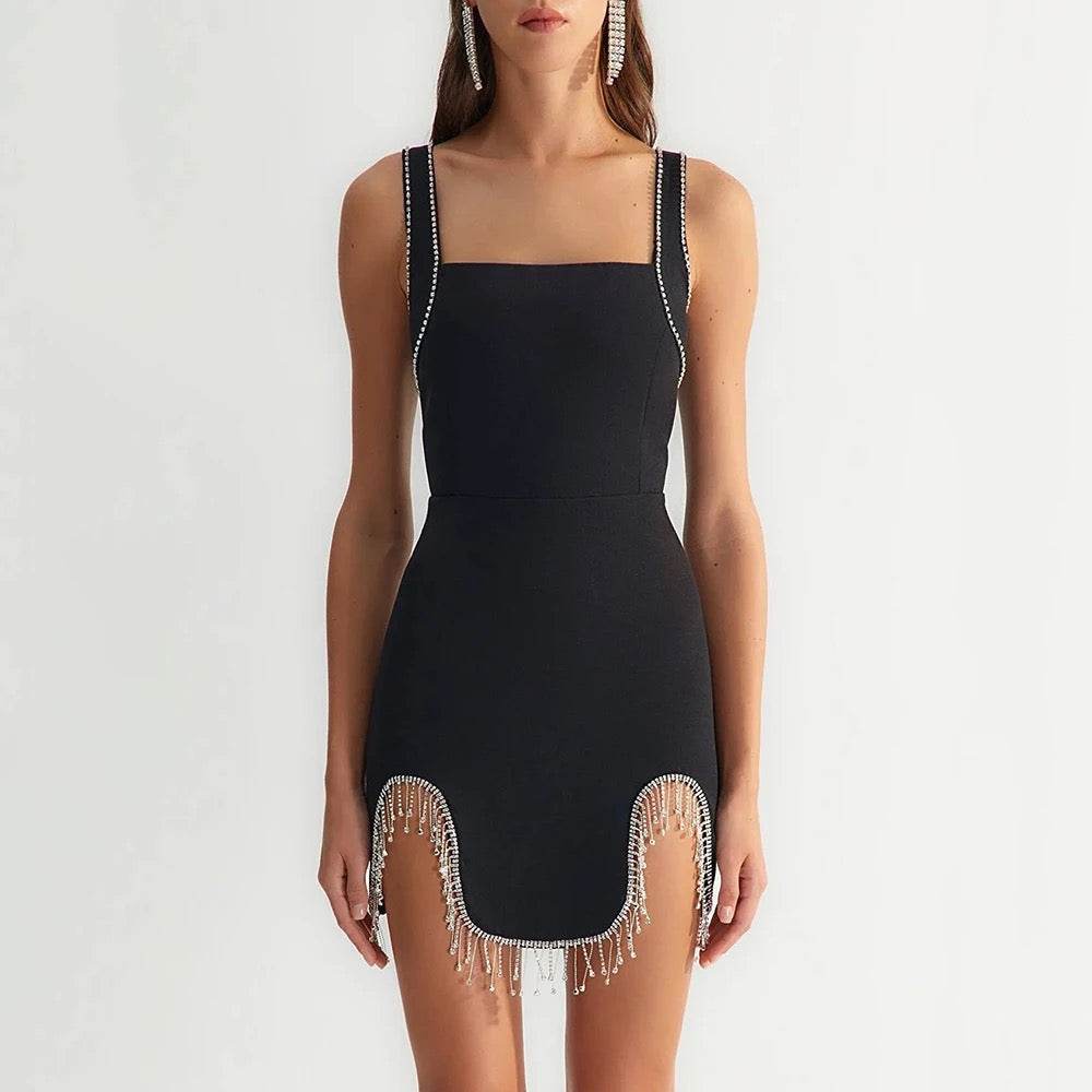 Square Neck Sleeveless Tassel Tight Mini Tight Bandage Dress - REBECATHELABEL