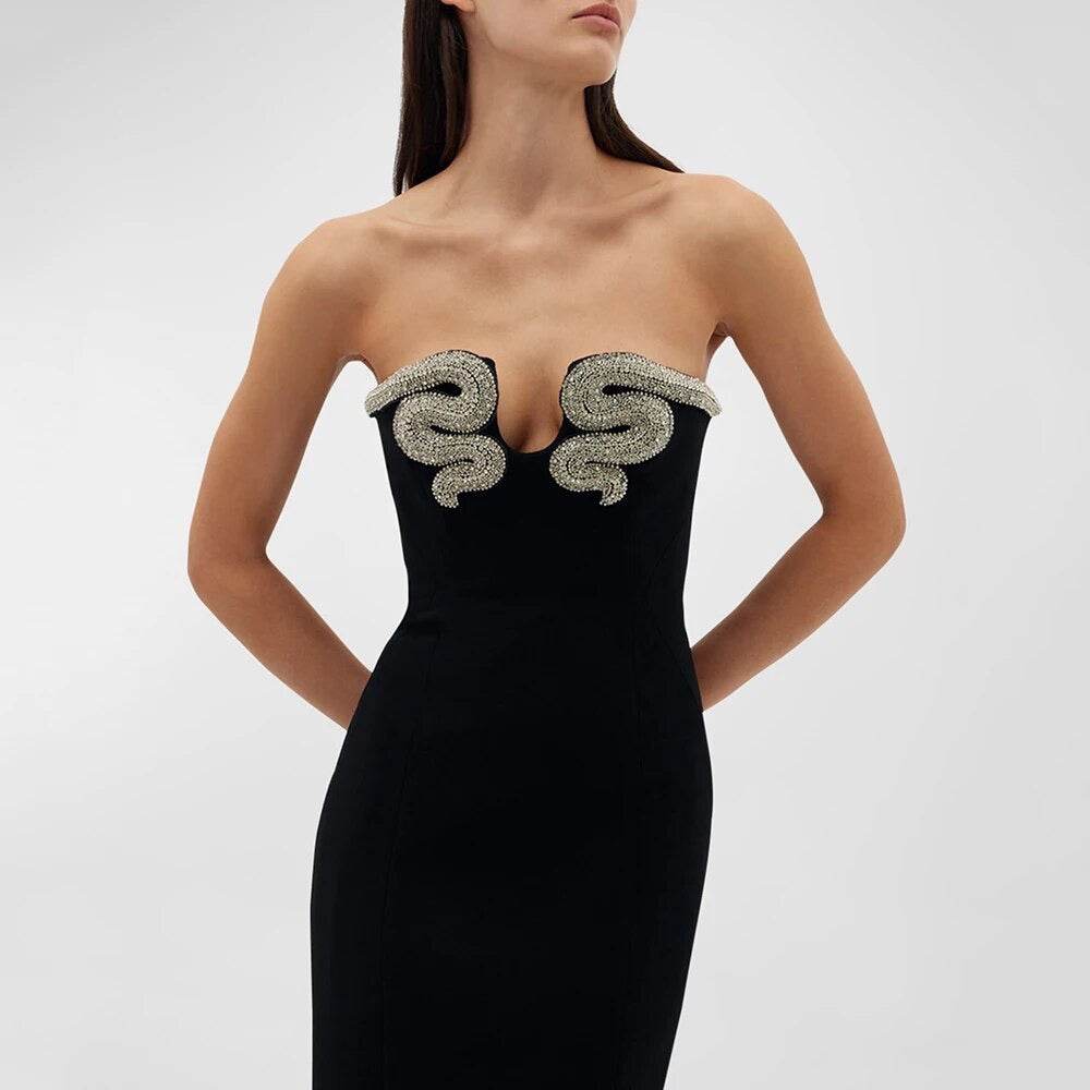 Strapless Diamond Crystal Snake Tight Long Bandage Dress - REBECATHELABEL