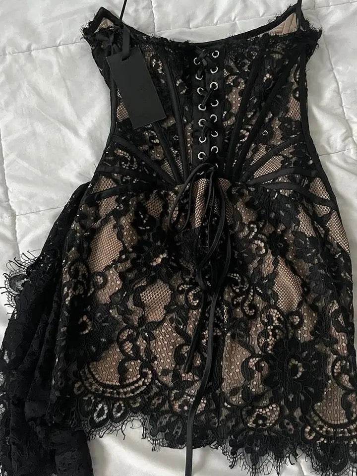 Strapless Lace Corset Dropped Mini Dress - REBECATHELABEL