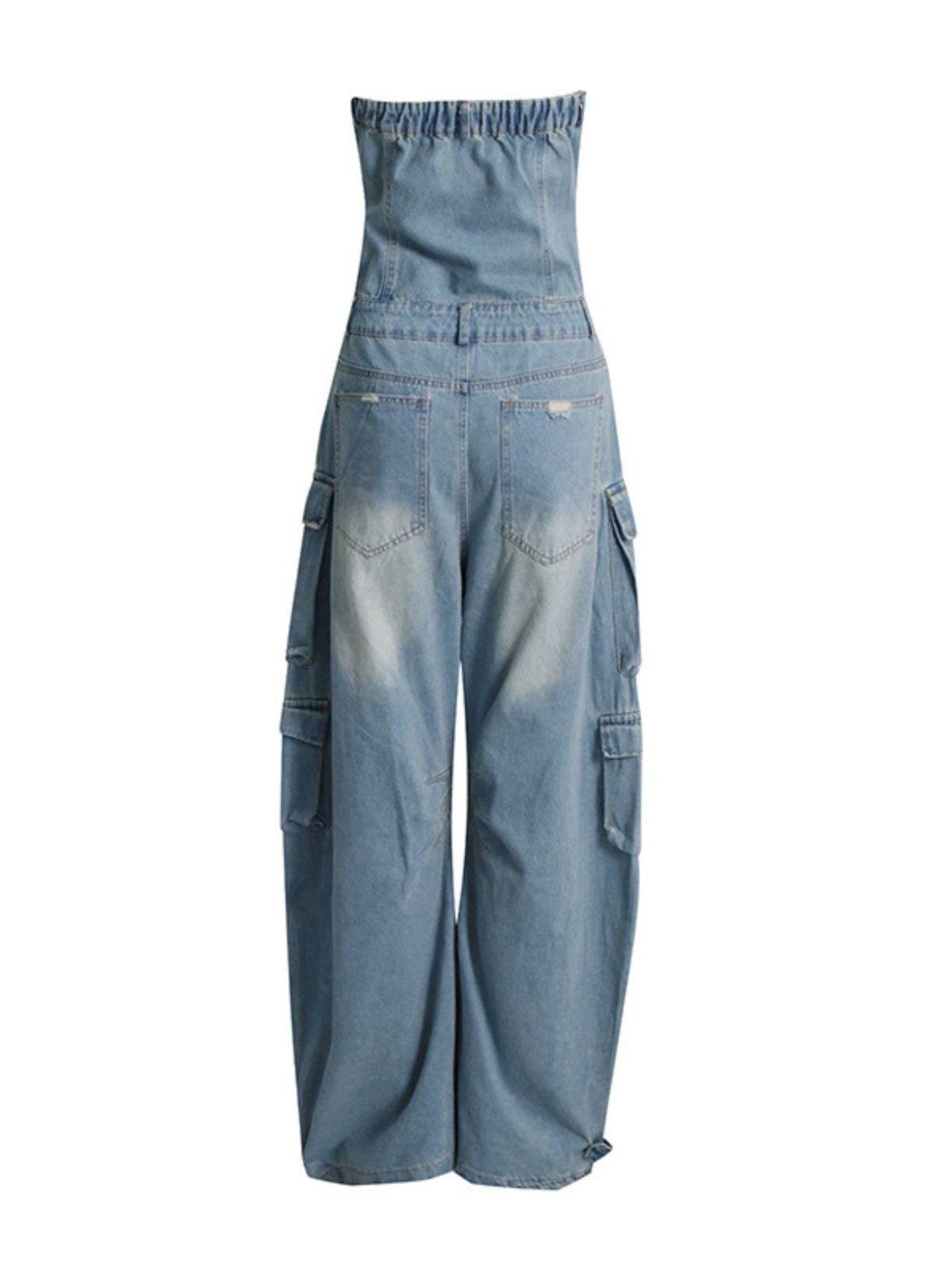 Strapless Pockect Denim Jumpsuit In Blue - REBECATHELABEL
