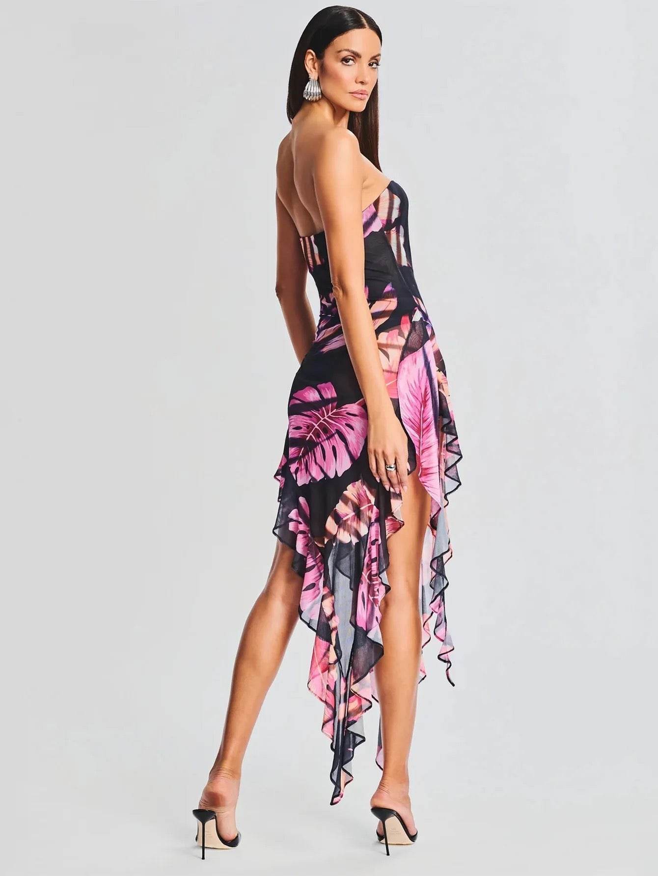 Strapless Printed Asymmetric Ruffle Dress - REBECATHELABEL