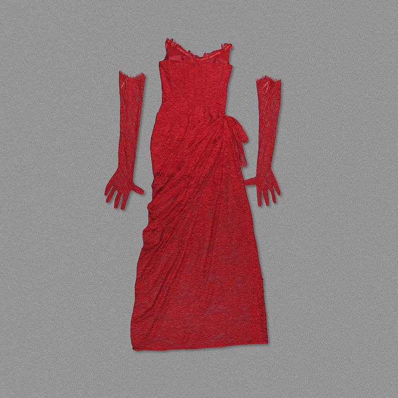 Strapless Tube Long Sleeve Gloves High Split Cocktail Maxi dress - REBECATHELABEL