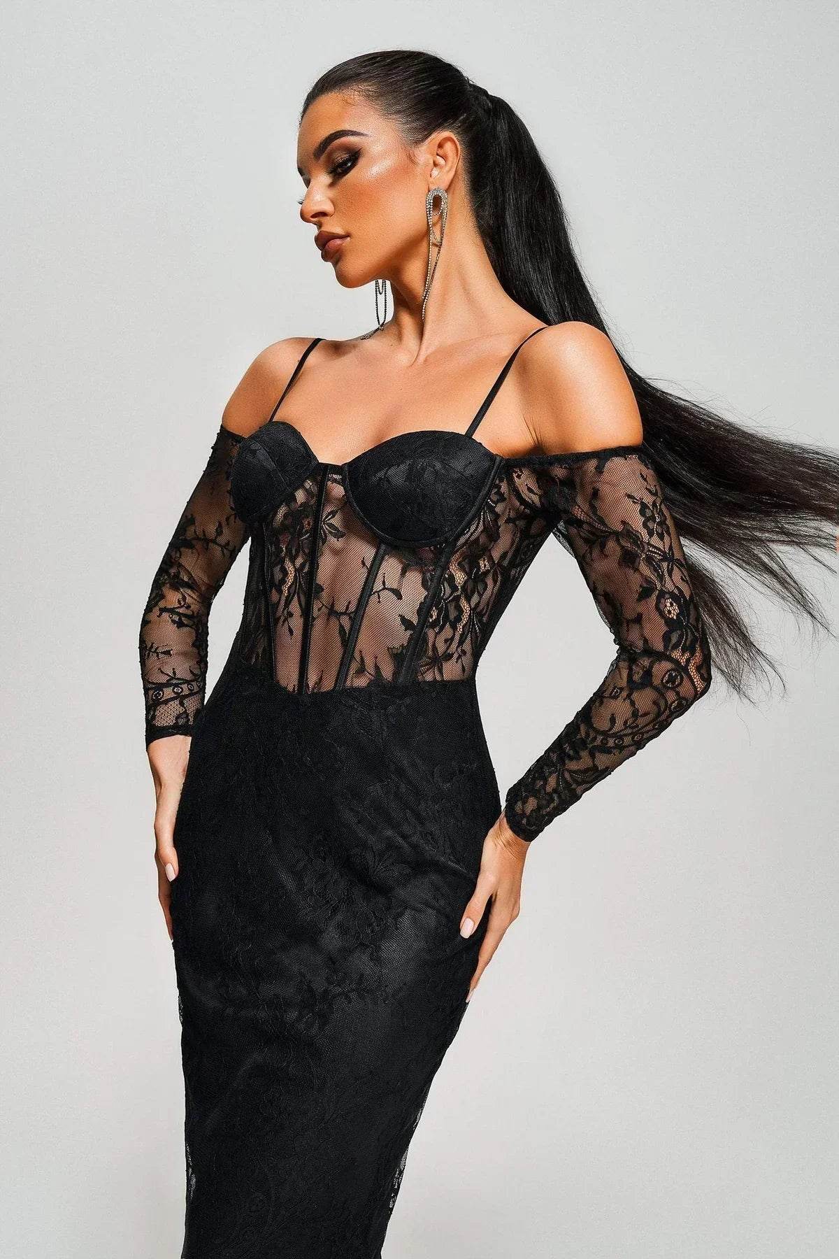 Tamarah Off Shoulder Lace Midi Dress - REBECATHELABEL
