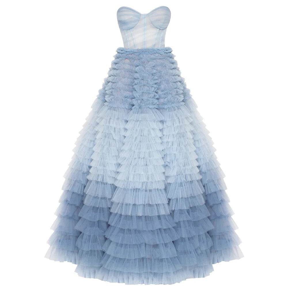 Tiered Ruffles Tulle Pleat Ruched A-Line Backless dress - REBECATHELABEL