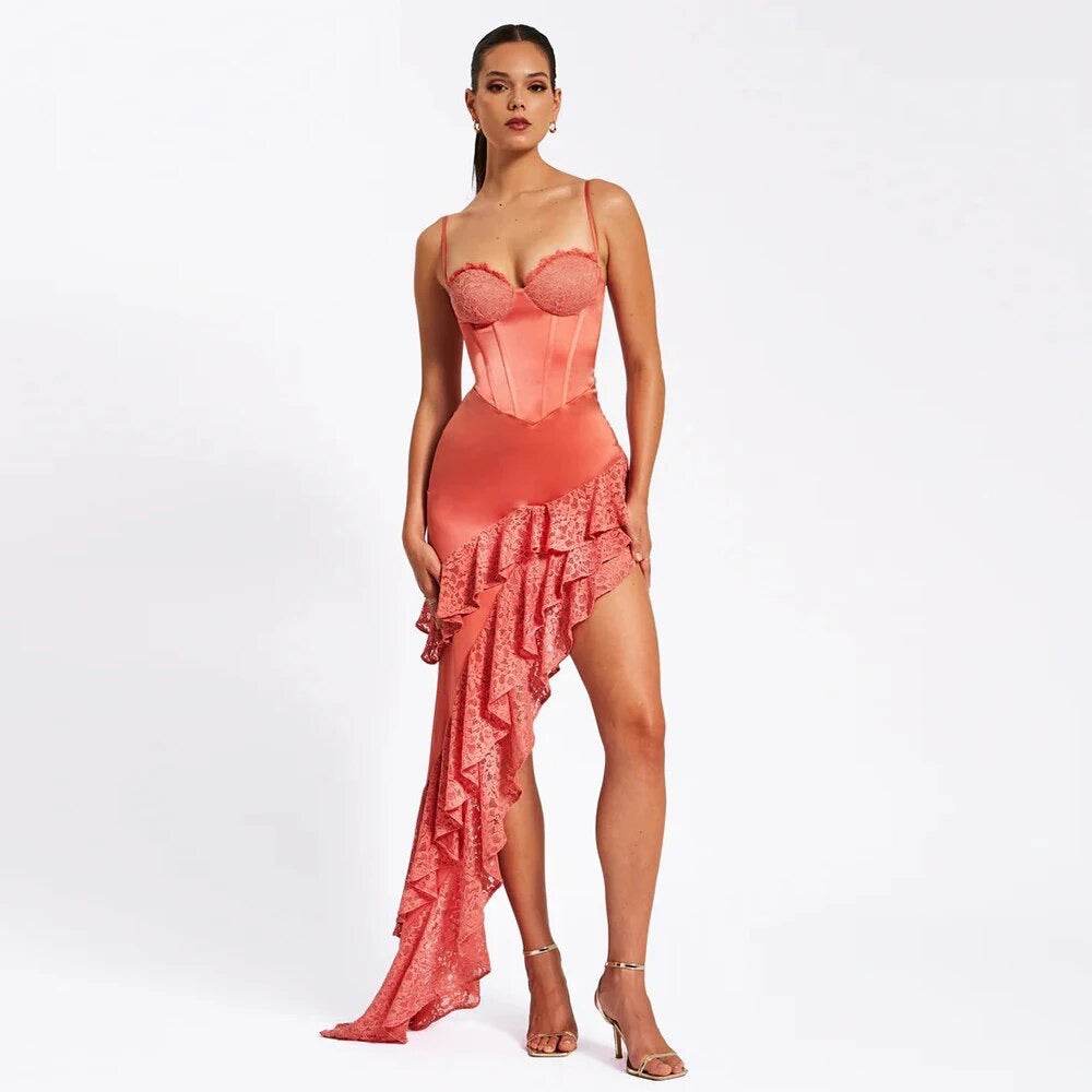 Tight Sleeveless Backless Lace Ruffle Asymmetric Dress - REBECATHELABEL