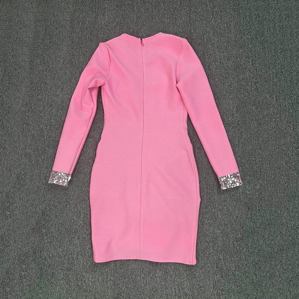 V-Neck Long Sleeve Pleated Ruffle Edge Tight Mini Bandage Dress - REBECATHELABEL