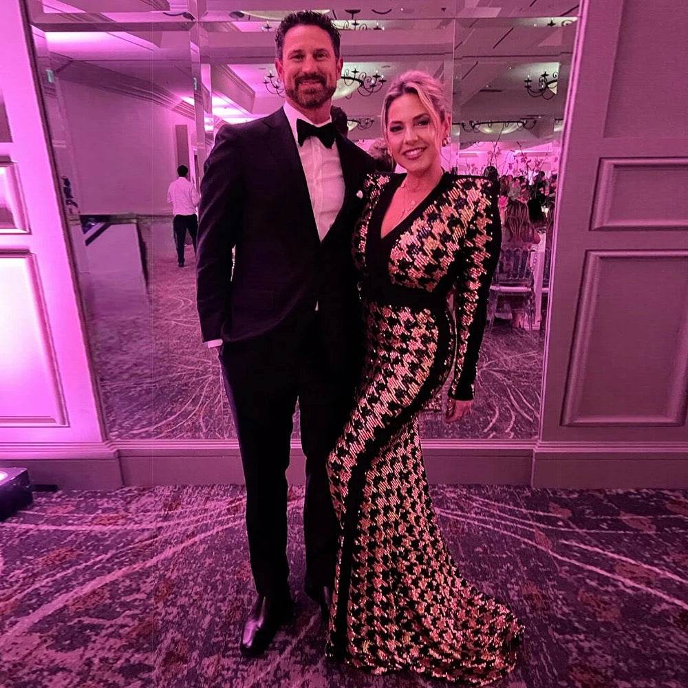 V-Neck Long Sleeved Sequined Bird Check Tight Fitting Long Dress - REBECATHELABEL