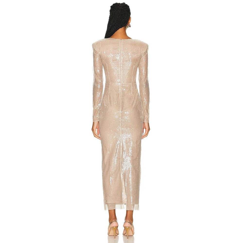 V-neck Long sleeved Hollow Flower Sequin Tight Fit Midi Dress - REBECATHELABEL