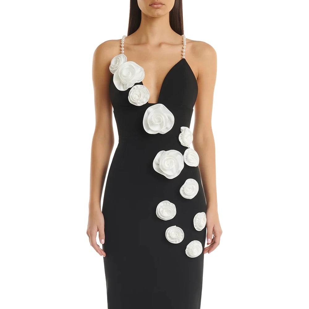 V-neck Off Shoulder Sleeveless 3D Flower Midi Long Bandage Dress - REBECATHELABEL