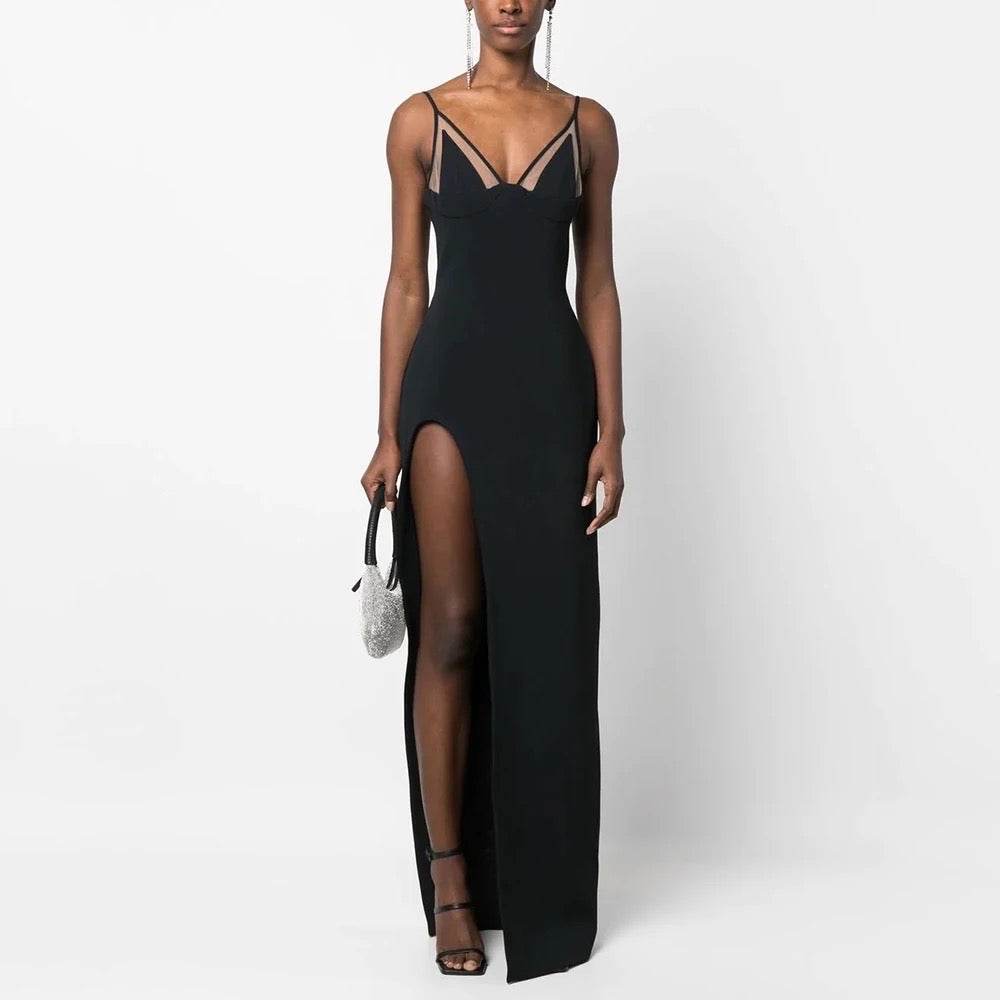 V-neck Sleeveless High Split Long Bandage Dress - REBECATHELABEL