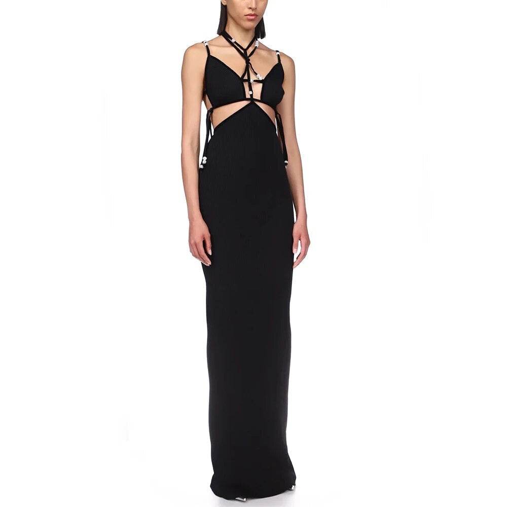 V-neck Sleeveless Strap Tight Long Bandage Dress - REBECATHELABEL