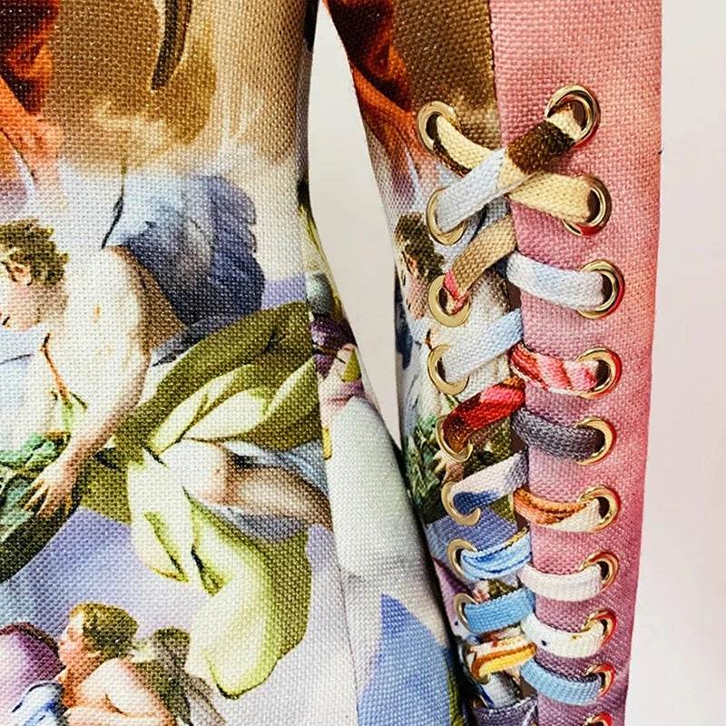 Vintage Angles Printing Lace-up Sleeve blazer - REBECATHELABEL