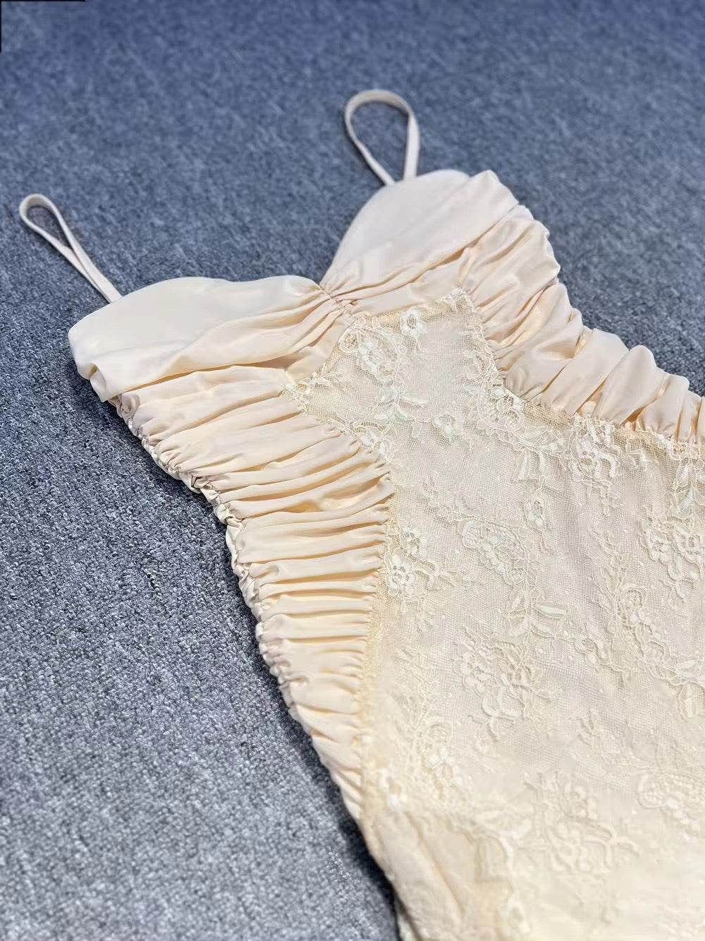 apricot Lace folds Spaghetti Strap Backless dress - REBECATHELABEL