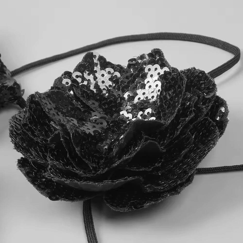 Backless Halter Black Mesh Sequins Flower Maxi Long Gowns Dress - REBECATHELABEL