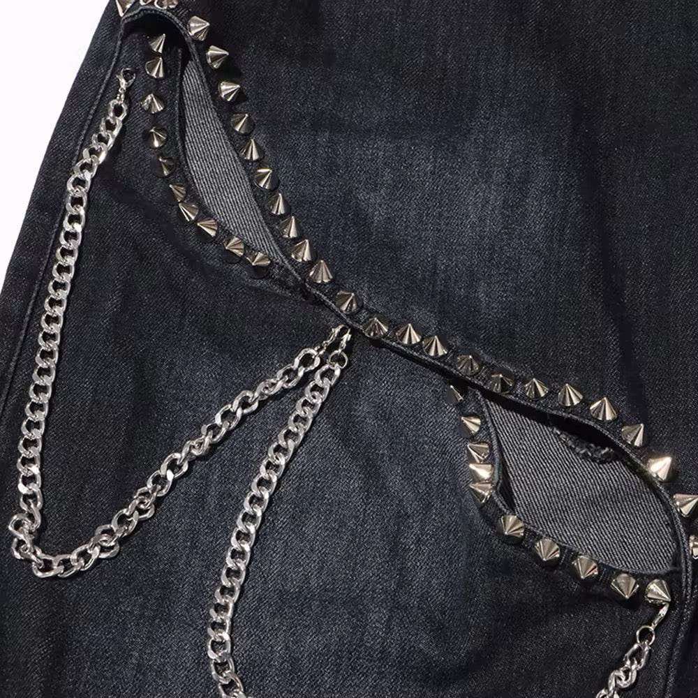 Baggy Wide Leg Rivet chain hollow out Streetwear Denim - REBECATHELABEL