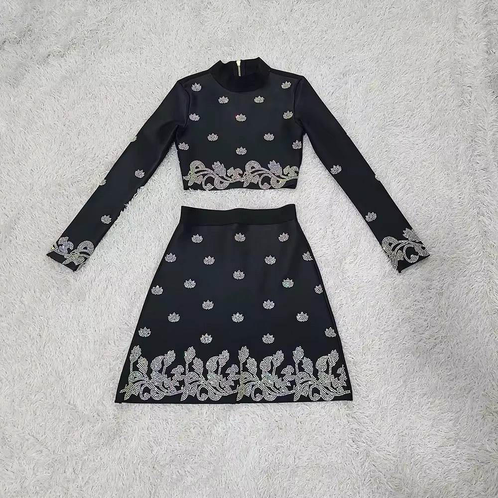 Bandage 2-Piece Sets Turtleneck Shiny Diamonds Top + Mini Skirts - REBECATHELABEL