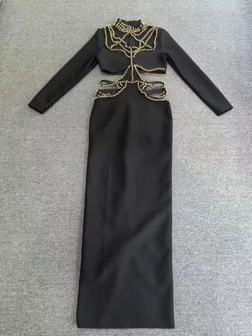 Bead Hollow Long Sleeved Black Bandage Maxi Dress - REBECATHELABEL