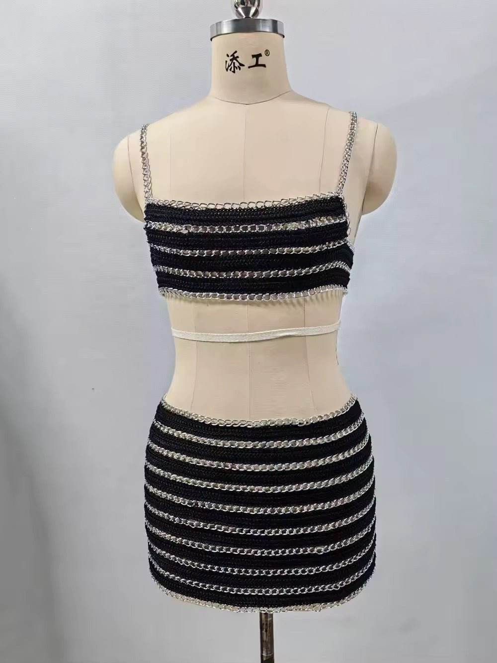 Chain Splicing Set Sexy Backless Crop Top & Mini Skirt Two-Piece Set - REBECATHELABEL