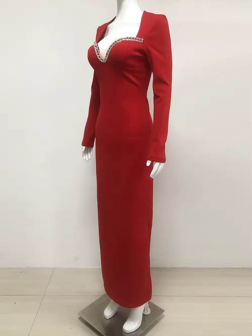 Diamond Bandage Dress Long Sleeve Bodycon Red Maxi dress - REBECATHELABEL
