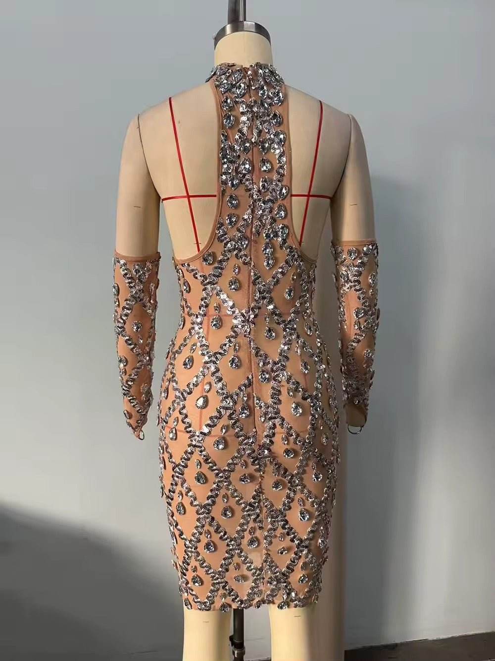 Elegant Bling Diamond Gloves Off Shoulder See dress - REBECATHELABEL