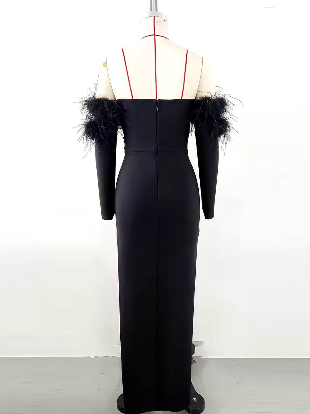 Evening Feather Crystal Bandage Maxi Dress - REBECATHELABEL