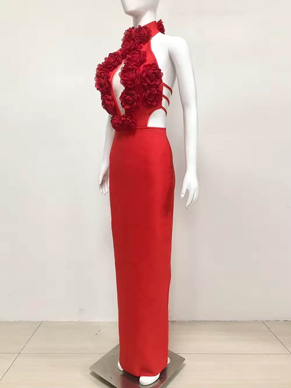 Halter 3D Flower Hollow out Backless Long Dress - REBECATHELABEL