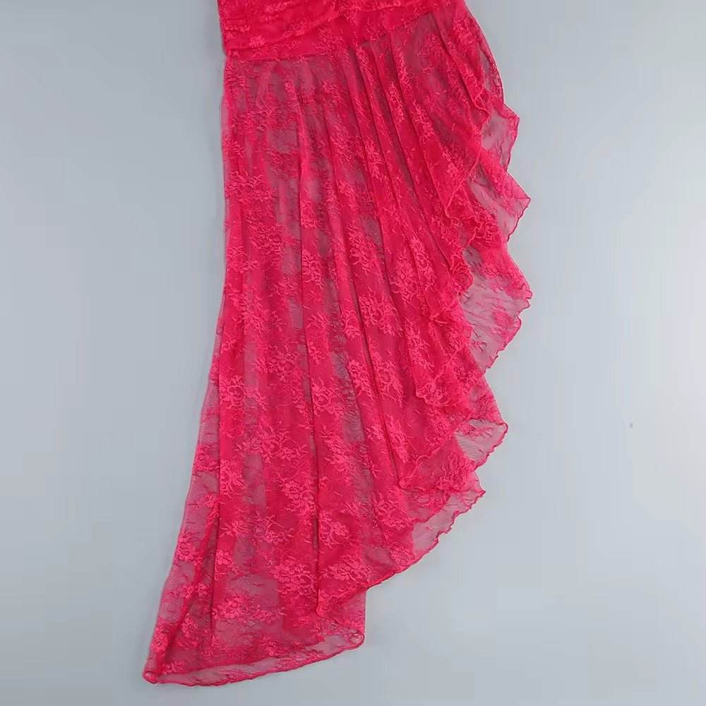 Halter Lace-up Deep V Neck Lace Maxi Dress - REBECATHELABEL