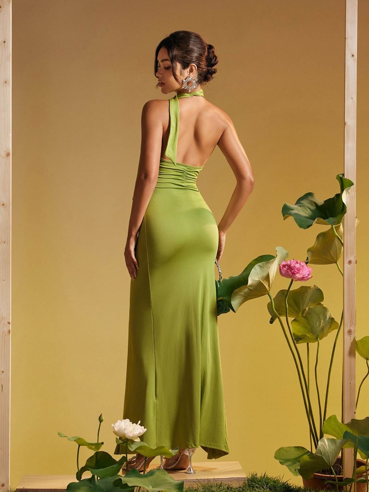 Halterneck Flower Ruffle Maxi Dress In Green - REBECATHELABEL