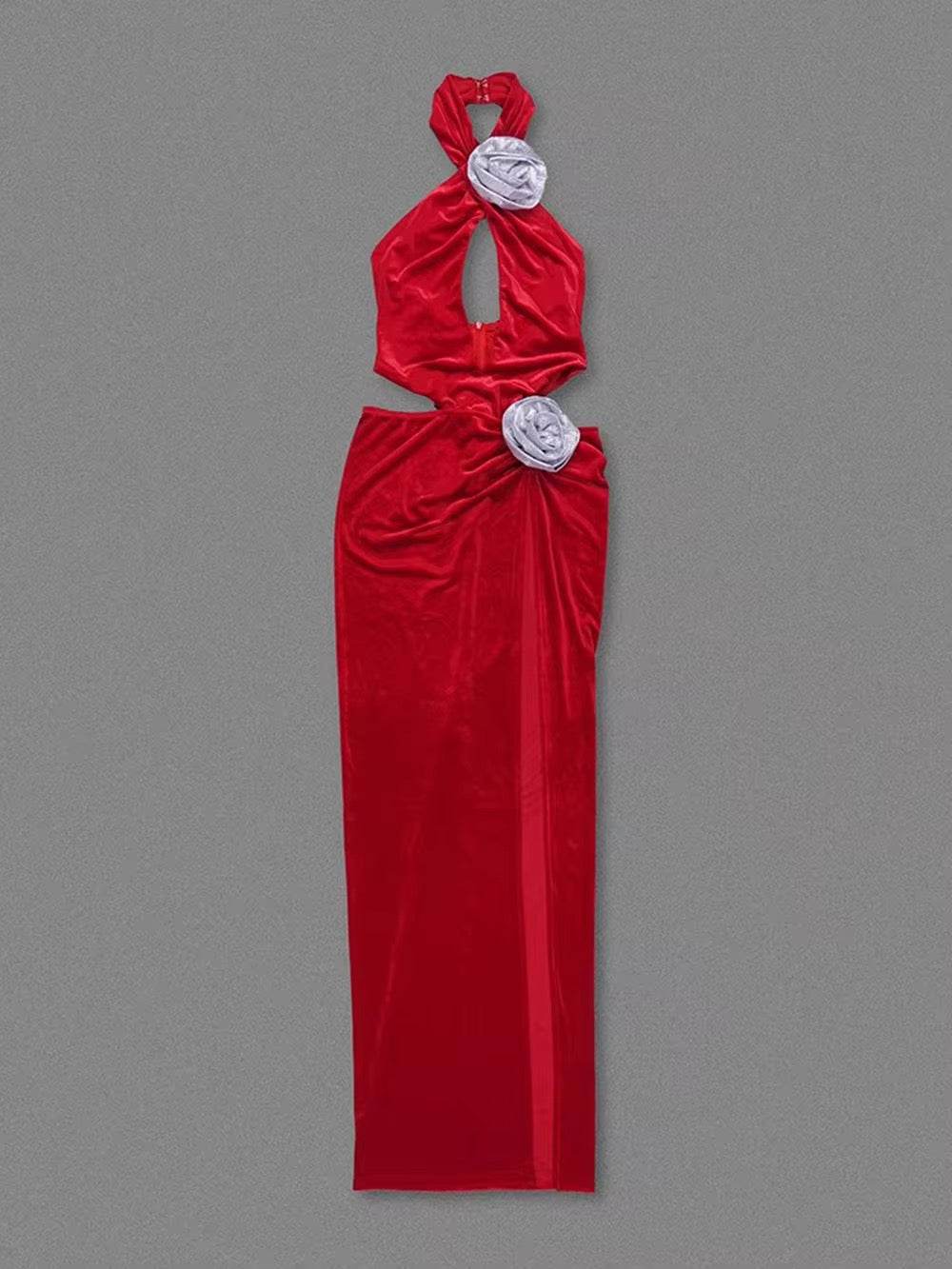 Hollow Out 3D Flowers Halter Party Maxi Dress - REBECATHELABEL