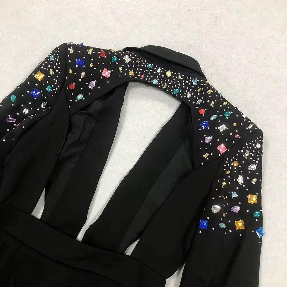 jumpsuit Backless Colorful Diamond Long sleeved Pants - REBECATHELABEL