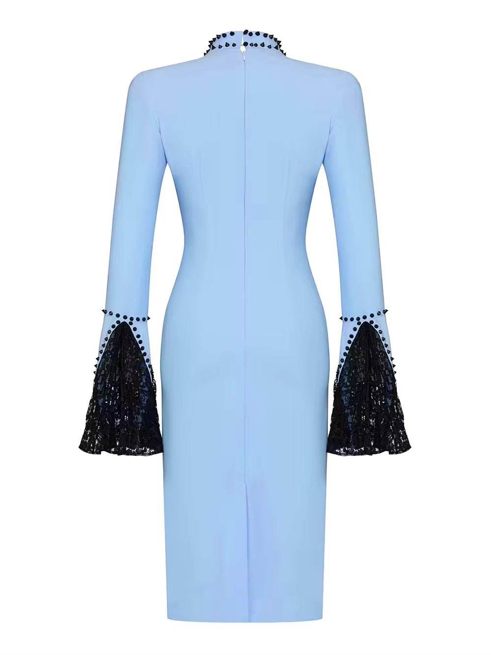 Lace Flare Sleeve Beaded Tight Bandage Dress - REBECATHELABEL