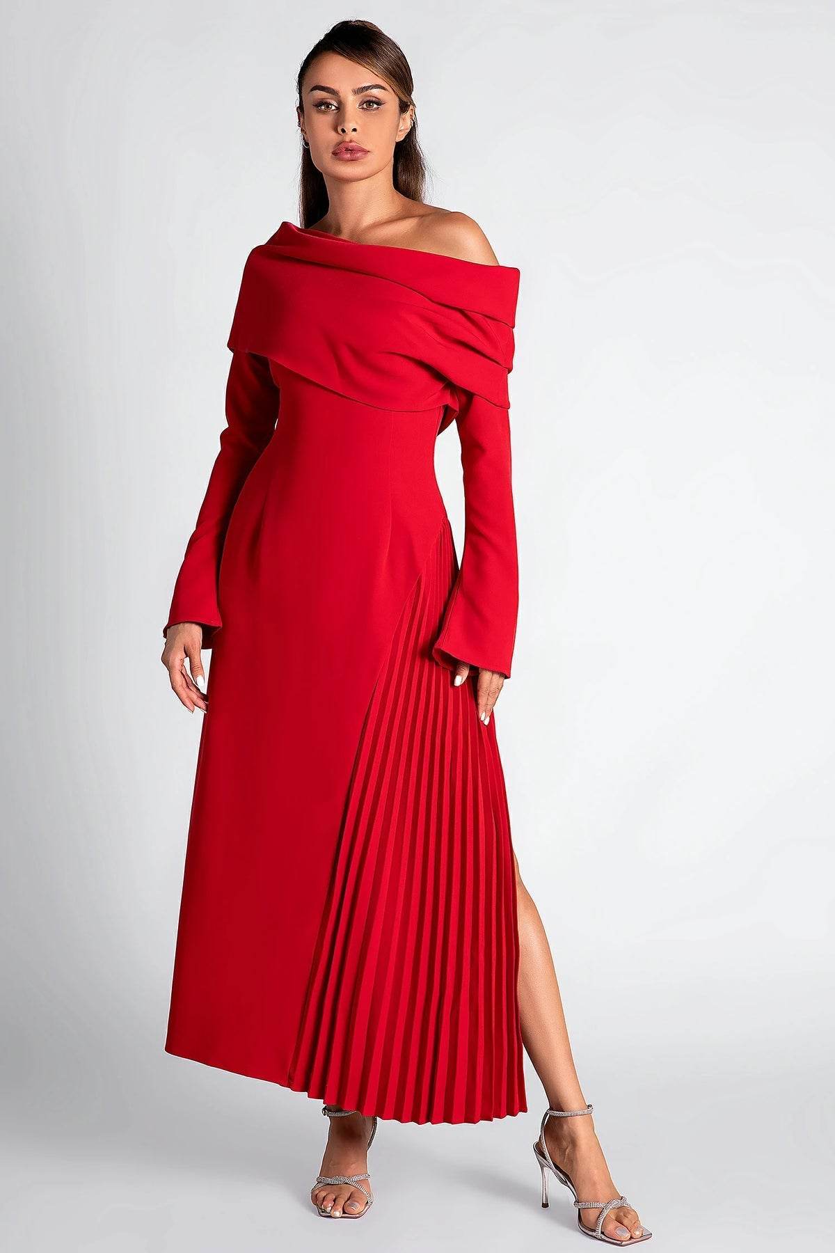 Langtry One Shoulder Pleat Slit Dress - REBECATHELABEL