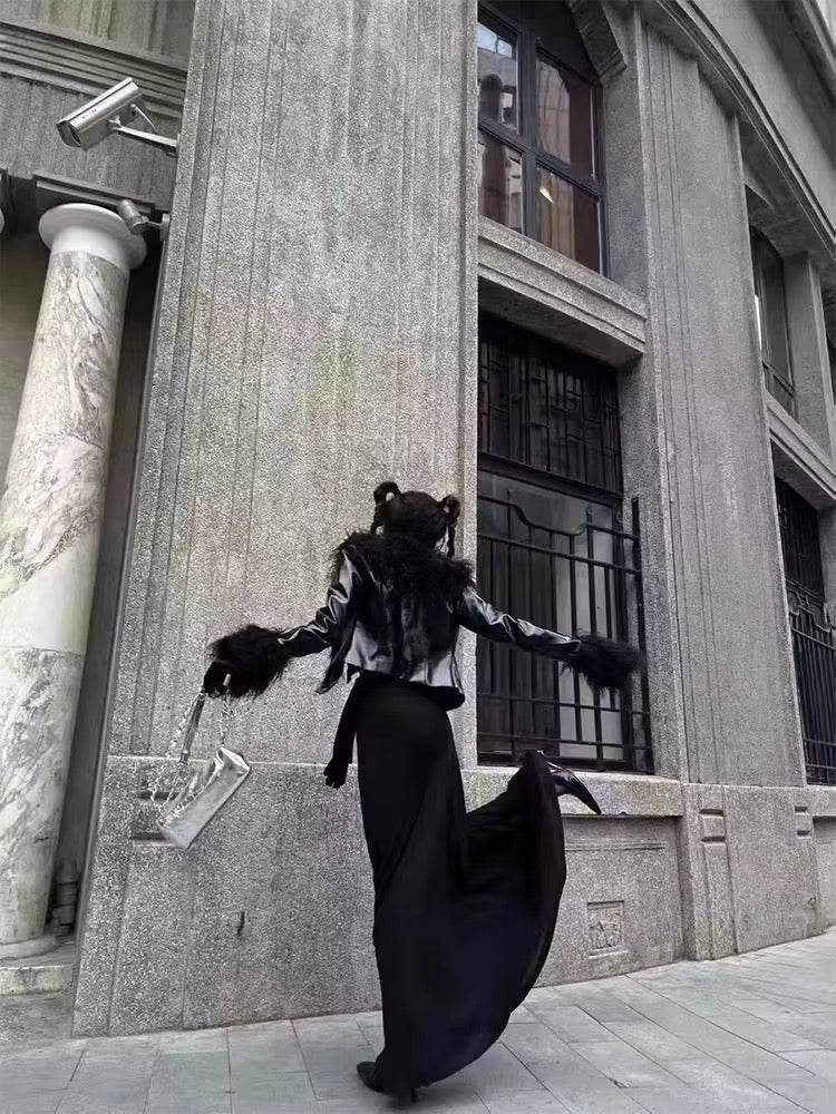 Lapel Long Sleeve Patchwork Feather jacket - REBECATHELABEL