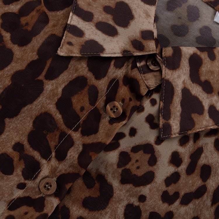 Leopard Print Loose See through Long Sleeves Shirt Shorts Two Piece Set - REBECATHELABEL