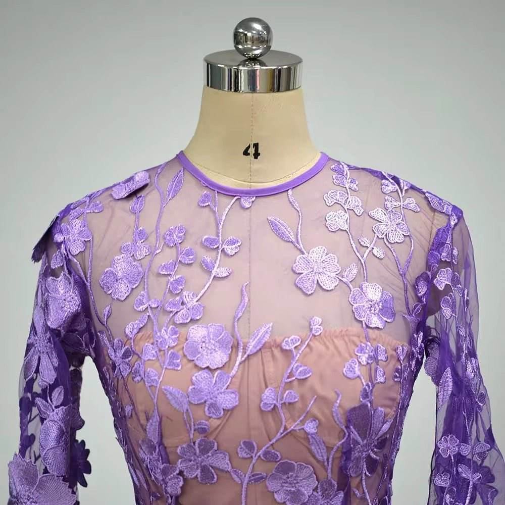 Long Sleeve Embroidered Flower High Waist Mini A-line Dress - REBECATHELABEL