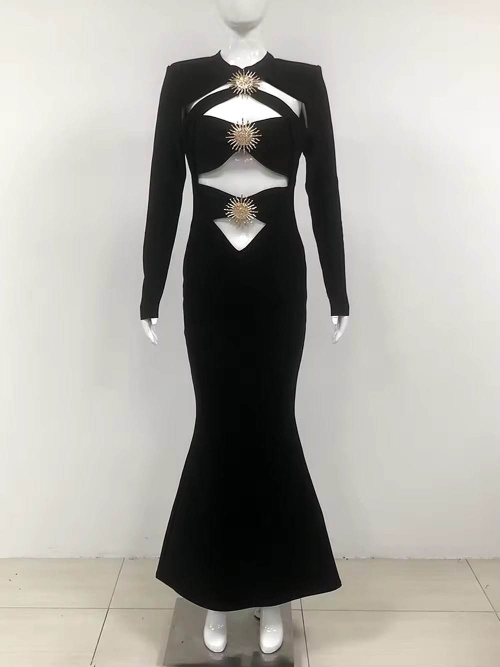 Long Sleeves Hollow out Metal Sun Design Mermaid Sexy Bandage Long Dress - REBECATHELABEL