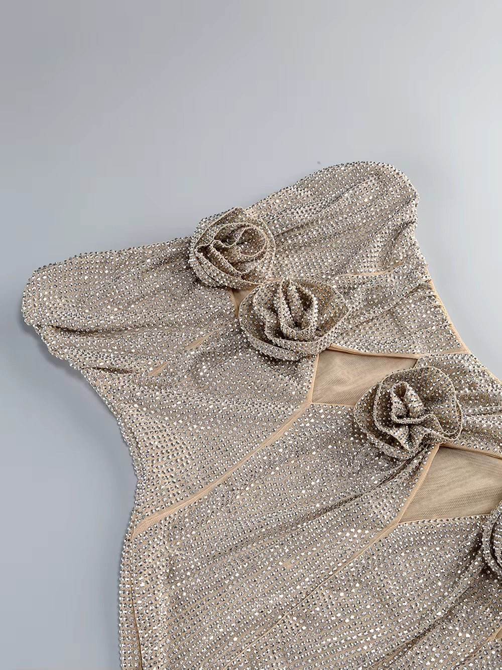 Mesh Cut Out Diamonds Crystal Strapless Tight Mini Dress - REBECATHELABEL