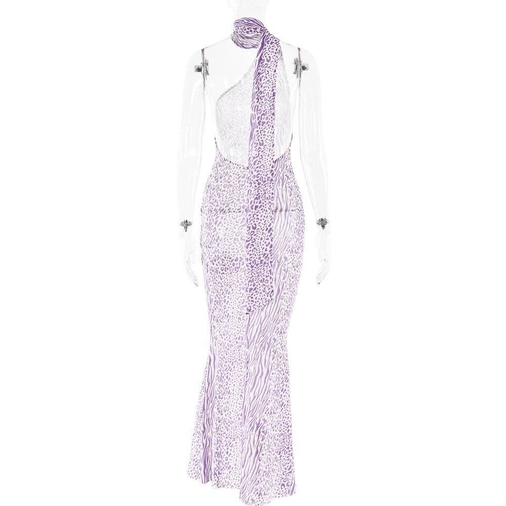 Mesh Sleeveless Sexy Leopard Print Backless Halter Dress - REBECATHELABEL