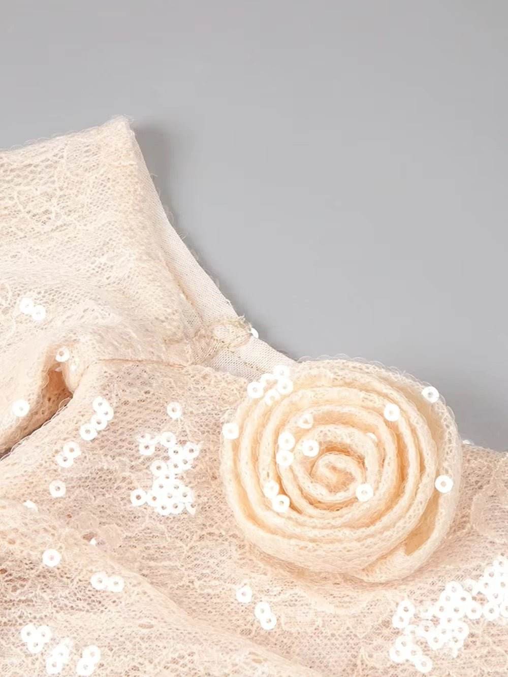 Mesh Solid Sequin 3D Flowers Diagonal Collar Long Sleeve Sexy Bodycon Maxi Dress - REBECATHELABEL