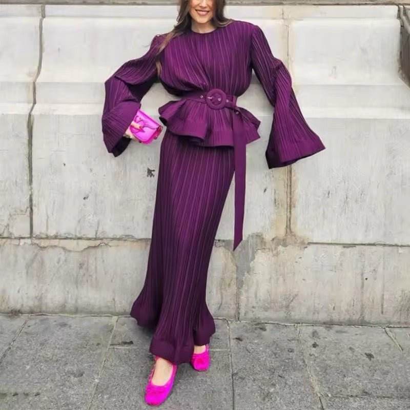 O Neck Long Sleeve Ruffles Tops High Waist Skirt Set - REBECATHELABEL