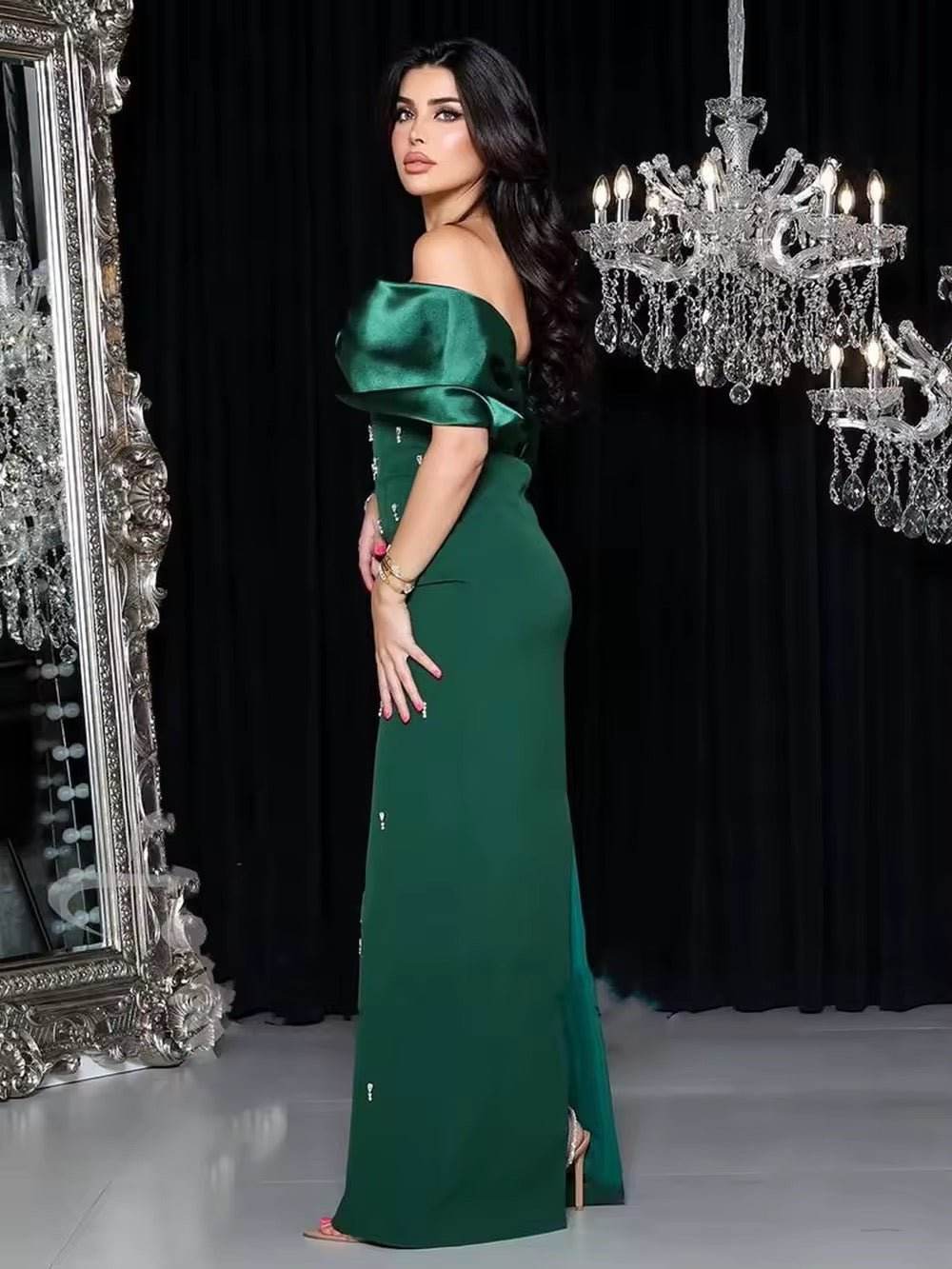 Off Shoulder Diamonds Black Maxi Long Bodycon Bandage Dress - REBECATHELABEL