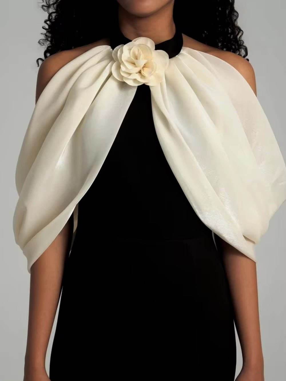 Off Shoulder Halter Patchwork 3D Flower Midi Design Dress - REBECATHELABEL