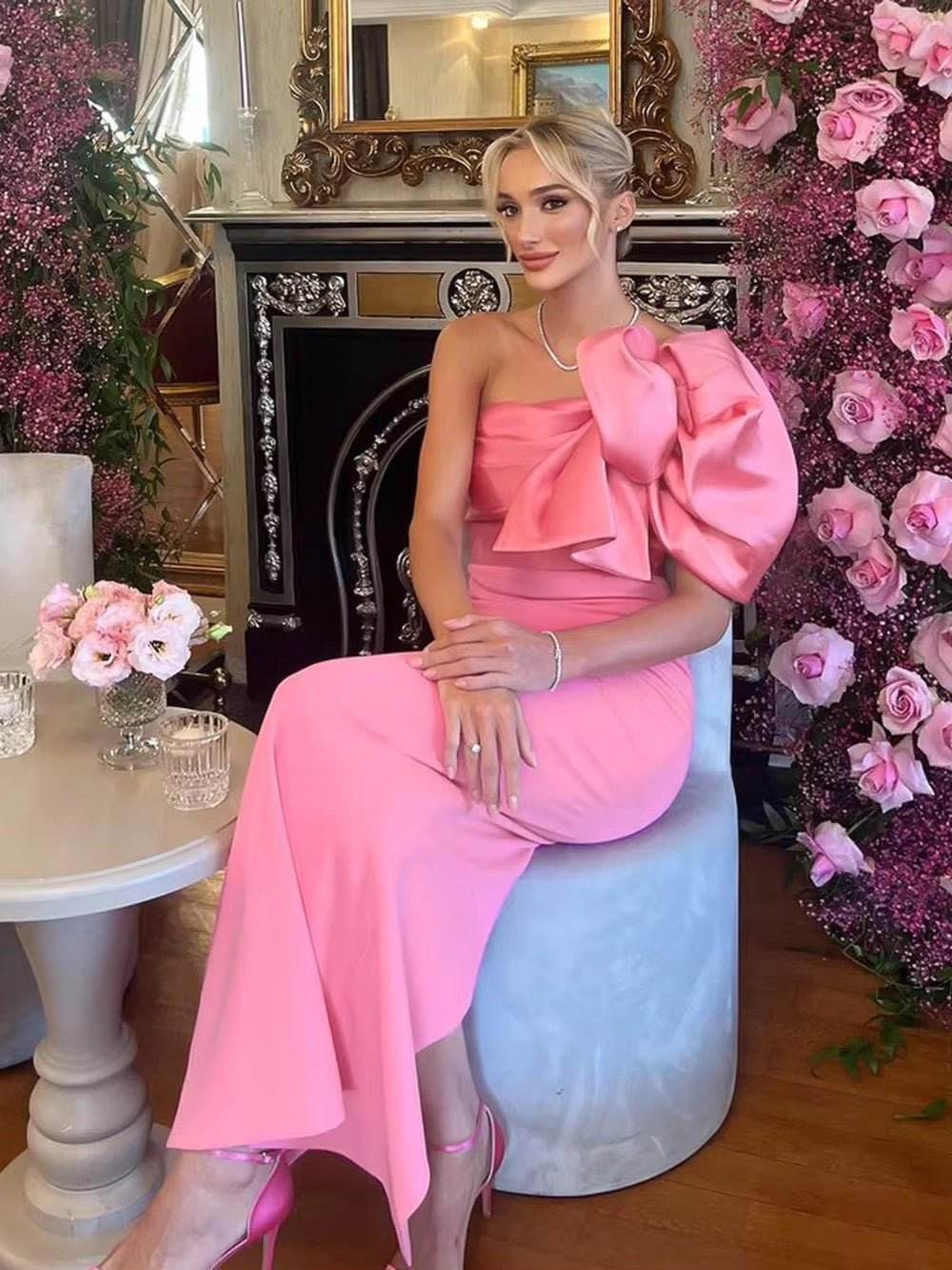 One Shoulder Tie Flowers Maxi Dress - REBECATHELABEL