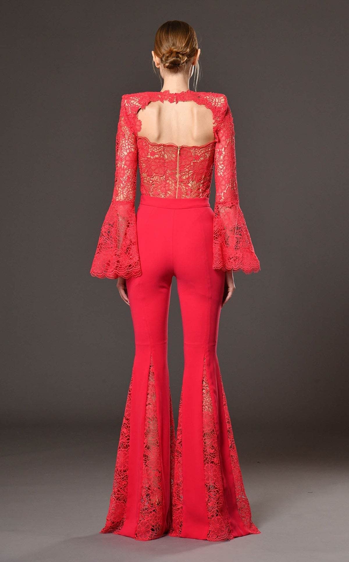 Red lace flared pants Full Length Jumpsuit - REBECATHELABEL