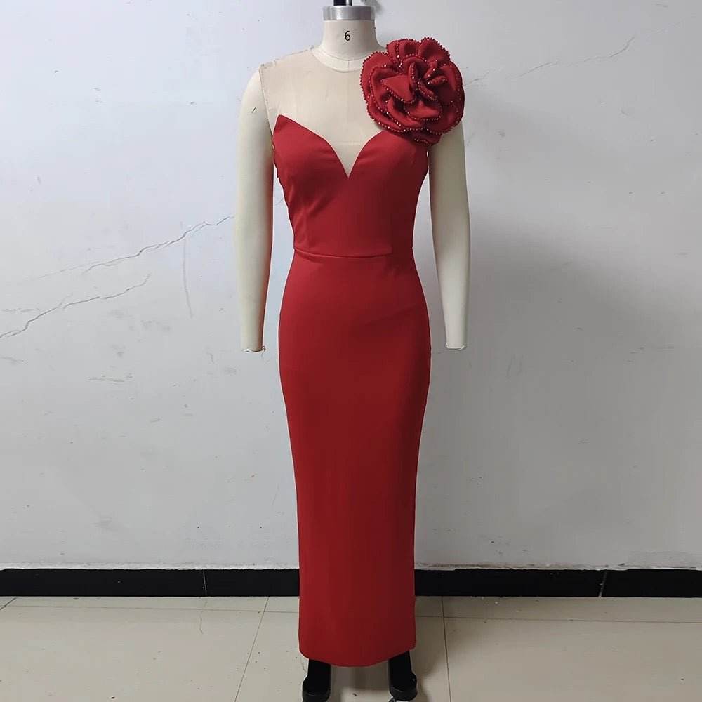 Red Shoulder Beaded Flower Sexy V-neck Tight Maxi Dress - REBECATHELABEL