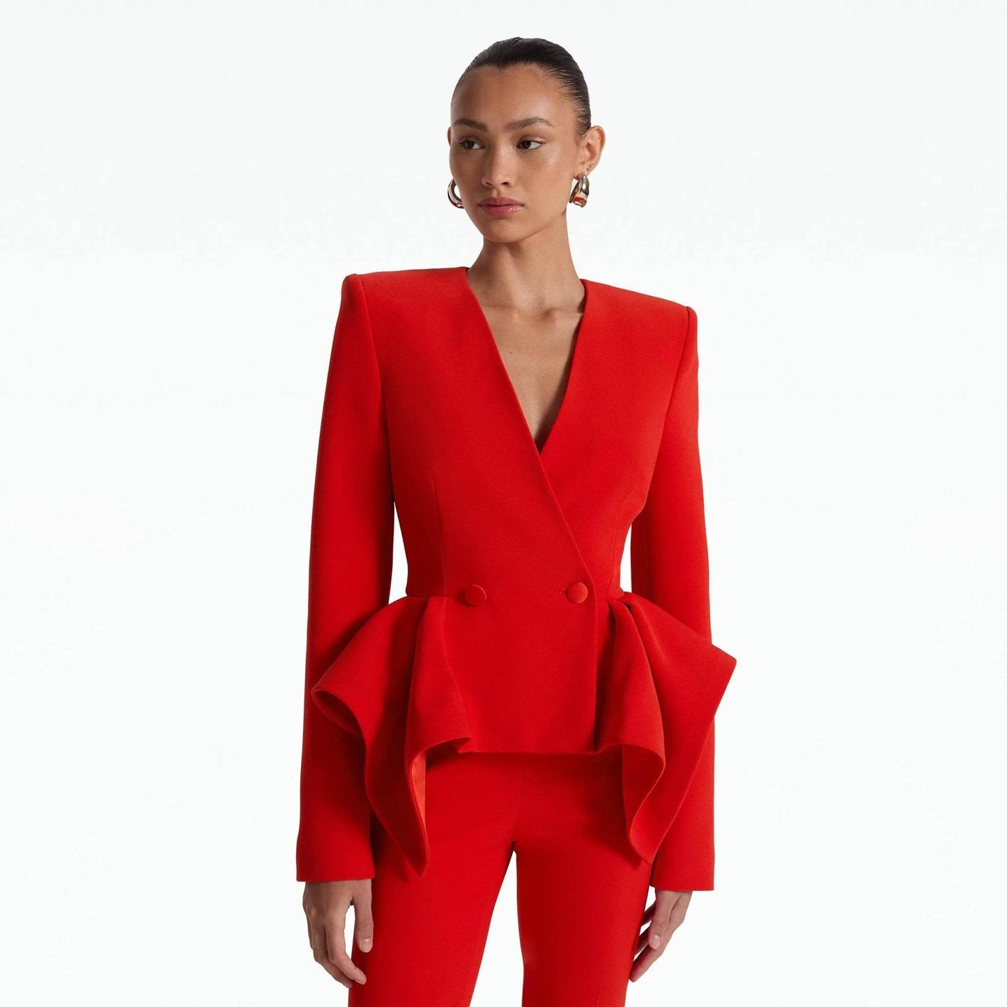 Red V-Neck Irregular High Waisted Blazer Suit - REBECATHELABEL