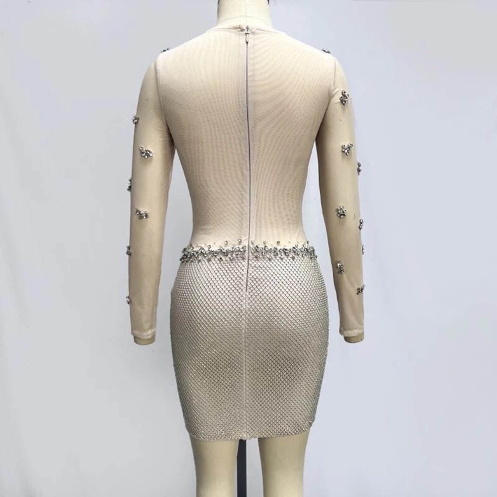 Round Neck Long sleeved Luxury Diamond Mesh Tight Mini Bandage Dress - REBECATHELABEL