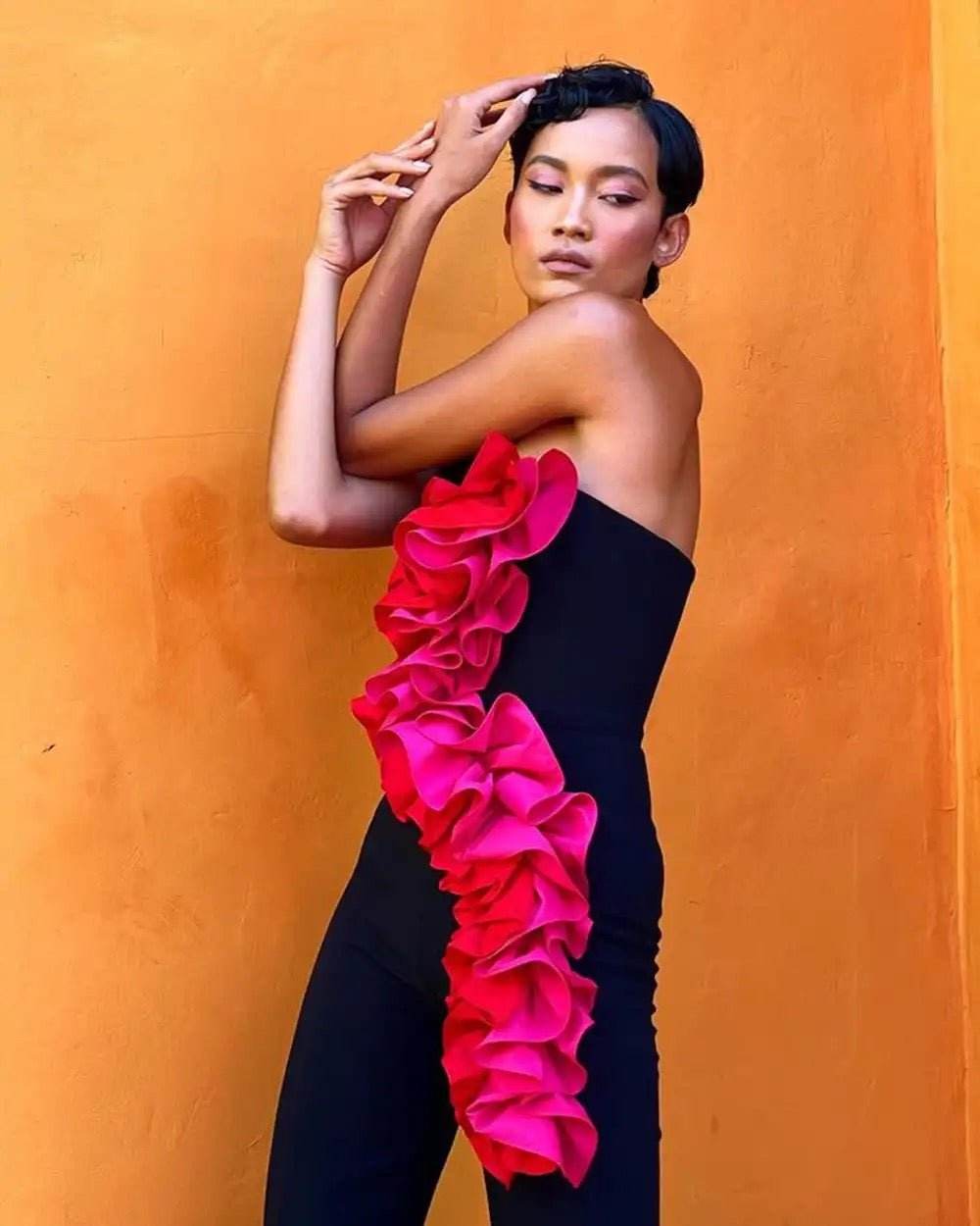 Ruffle Edge bandage without shoulder straps jumpsuit , - REBECATHELABEL