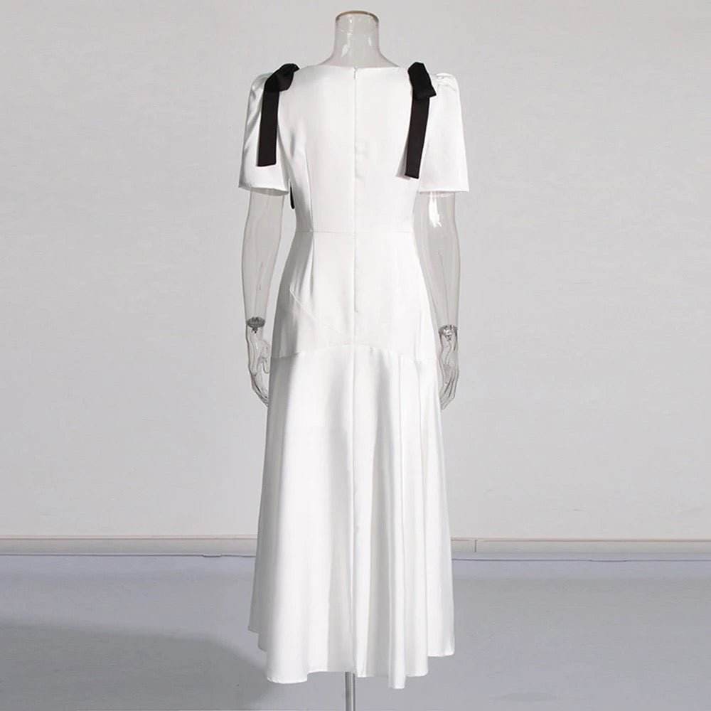 Satin Bow Short Sleeved V-Neck Sexy Long Dress - REBECATHELABEL